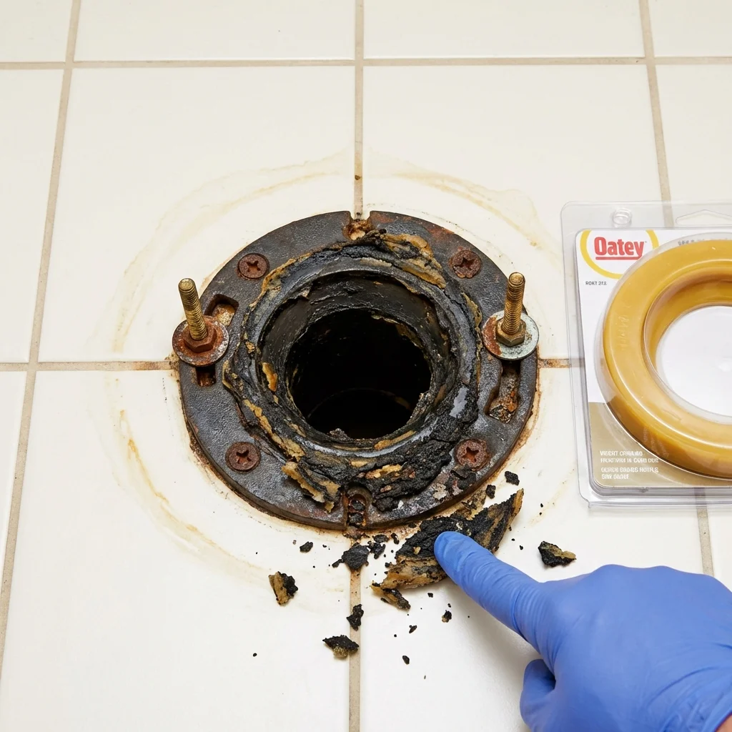 Failed wax ring showing water seepage at the base of a toilet in a Jefferson, OH home